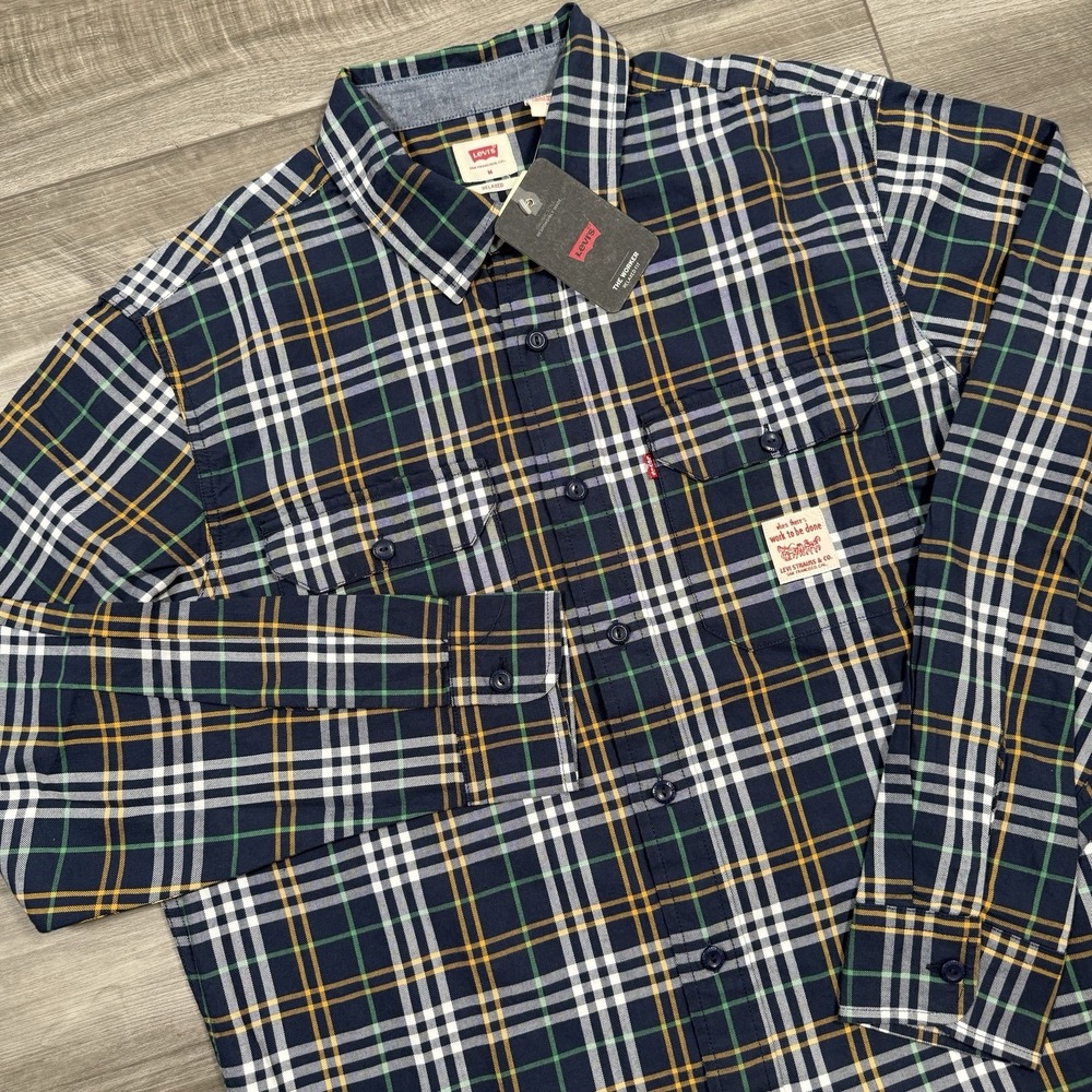 Levi's Men's Classic Worker Shirt Blue Plaid Relaxed Fit Size Medium NEW‎